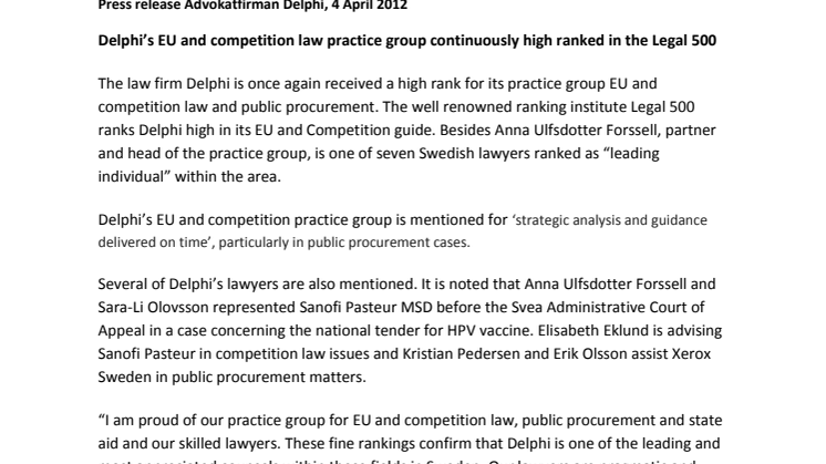 Delphi’s EU and Competition and Public Procurement Law practice group is once again ranked high by Legal 500 