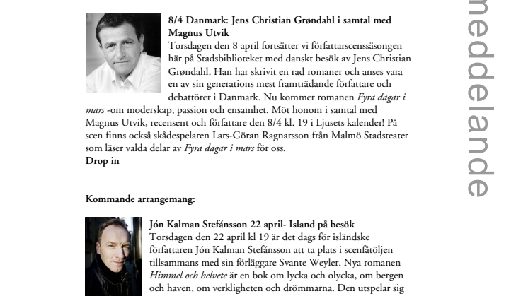 Internationell författarscen: 8/4 Jens Christian Grøndahl i samtal med Magnus Utvik