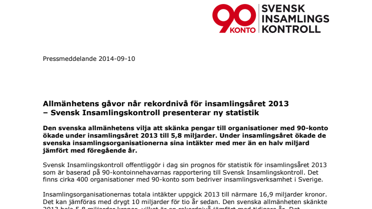 Allmänhetens gåvor når rekordnivå för insamlingsåret 2013 – Svensk Insamlingskontroll presenterar ny statistik