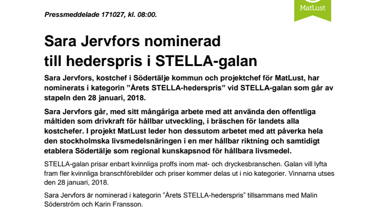 Sara Jervfors nominerad  till hederspris vid STELLA-galan