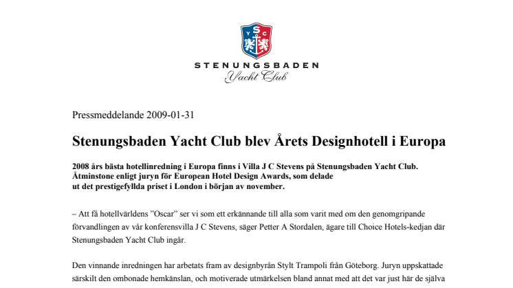 Stenungsbaden Yacht Club blev Årets Designhotell i Europa