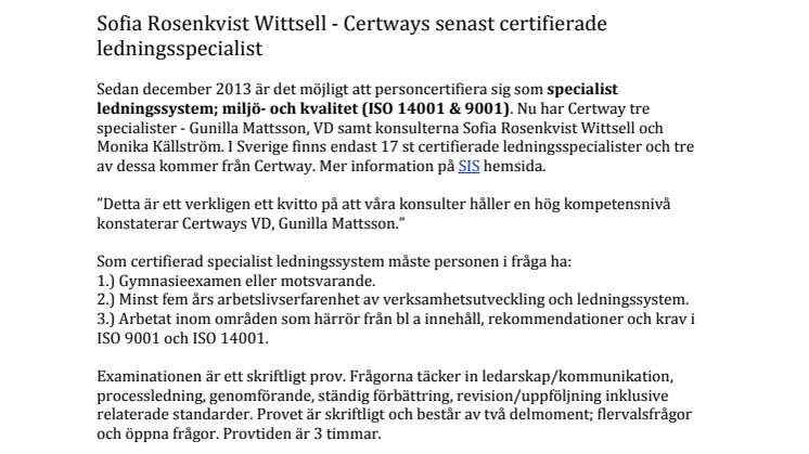 Sofia Rosenkvist Wittsell - Certways senast certifierade ledningsspecialist
