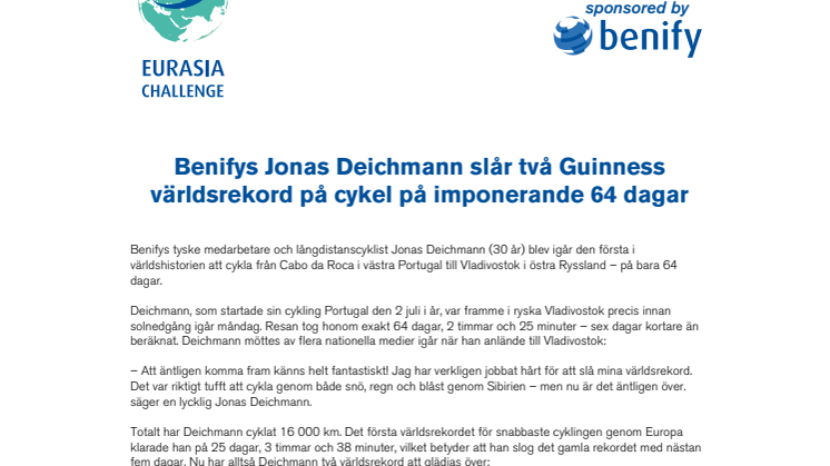 Benifys Jonas Deichmann slår två Guinness världsrekord på cykel på imponerande 64 dagar