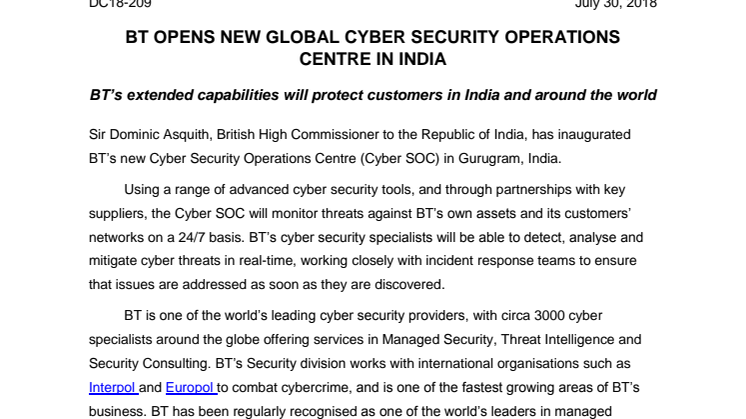 BT opens new global Cyber Security Operations Centre in India