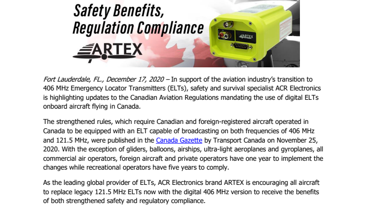 ACR Electronics Offers Safety Benefits and Regulation Compliance with 406 MHz ARTEX ELT Solution