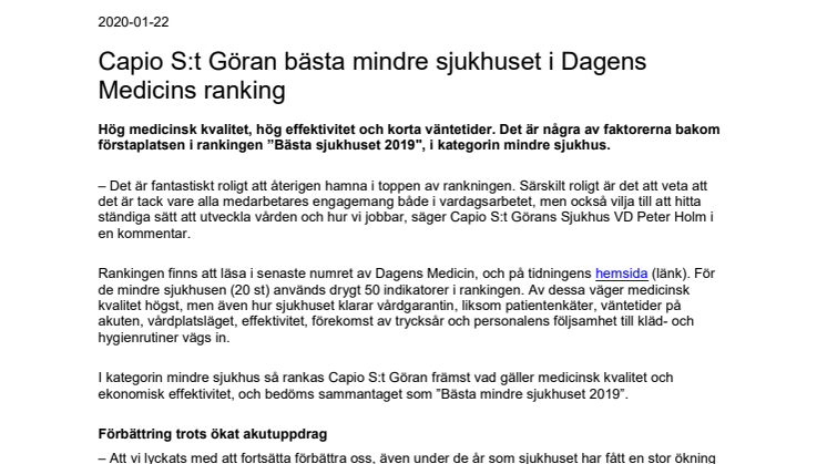 ​Capio S:t Göran bästa mindre sjukhuset i Dagens Medicins ranking