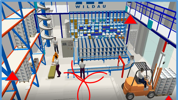 Simulierte Indoor-Lokalisierung am Beispiel des Logistik-Praxislabors der TH Wildau. (Grafik: TH Wildau)