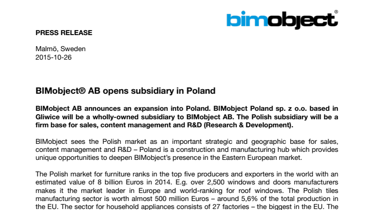 BIMobject® AB opens subsidiary in Poland
