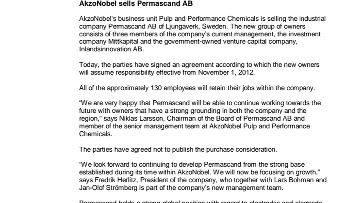 Press release: AkzoNobel sells Permascand AB