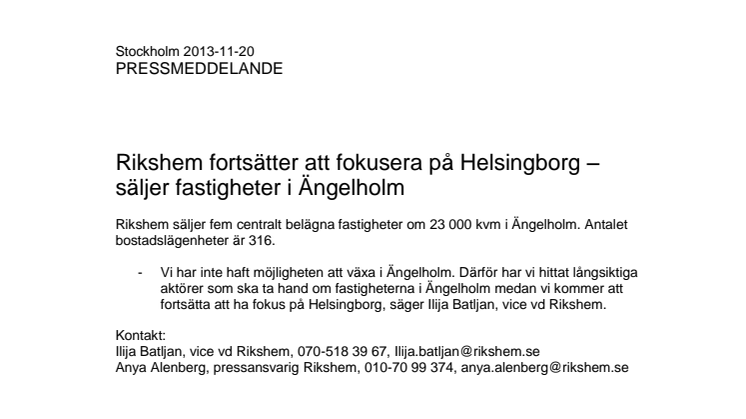 Rikshem fortsätter att fokusera på Helsingborg – säljer fastigheter i Ängelholm