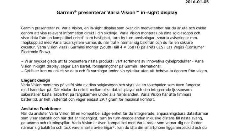 Garmin® presenterar Varia Vision™ in-sight display