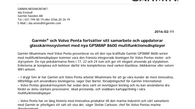 Garmin® och Volvo Penta fortsätter sitt samarbete och uppdaterar glasskärmssystemet med nya GPSMAP 8600 multifunktionsdisplayer