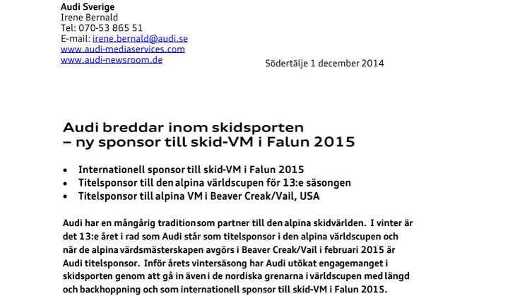 Audi breddar inom skidsporten – ny sponsor till skid-VM i Falun 2015