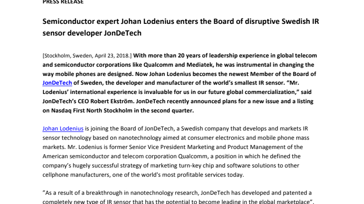 Semiconductor expert Johan Lodenius enters the Board of disruptive Swedish IR sensor developer JonDeTech 