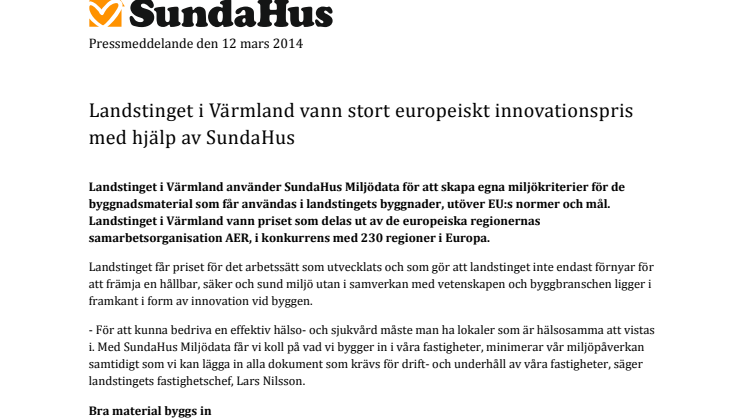 Landstinget i Värmland vann stort europeiskt innovationspris med hjälp av SundaHus