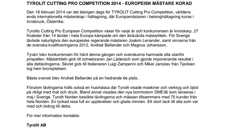 TYROLIT CUTTING PRO COMPETITION 2014 - EUROPEISK MÄSTARE KORAD