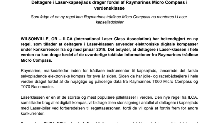 Raymarine: Deltagere i Laser-kapsejlads drager fordel af Raymarines Micro Compass i verdensklasse
