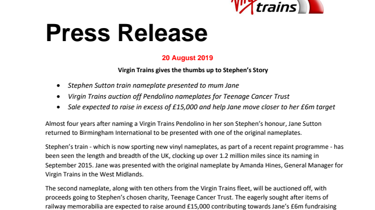 Virgin Trains gives the thumbs up to Stephen’s Story