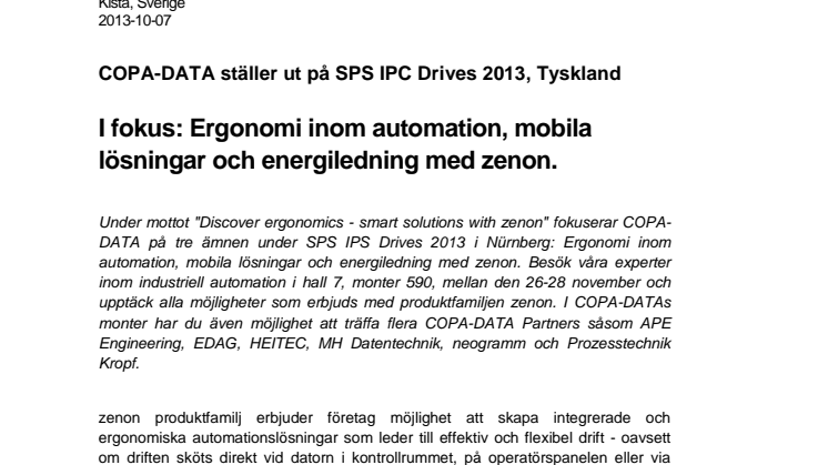 COPA-DATA ställer ut på SPS IPC Drives 2013, Tyskland. I fokus: Ergonomi inom automation, mobila lösningar och energiledning med zenon.