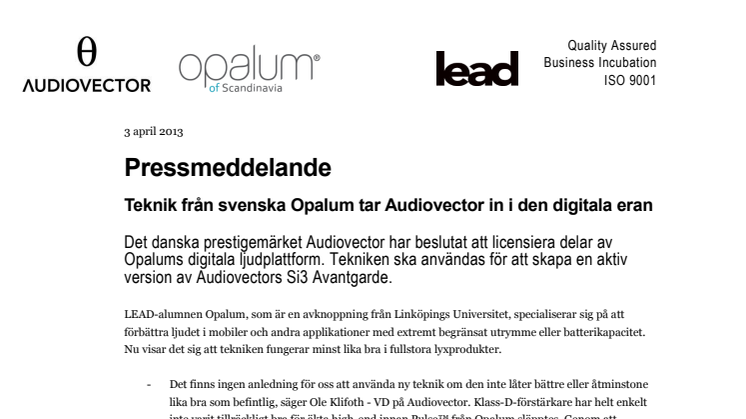 Teknik från svenska Opalum tar Audiovector in i den digitala eran