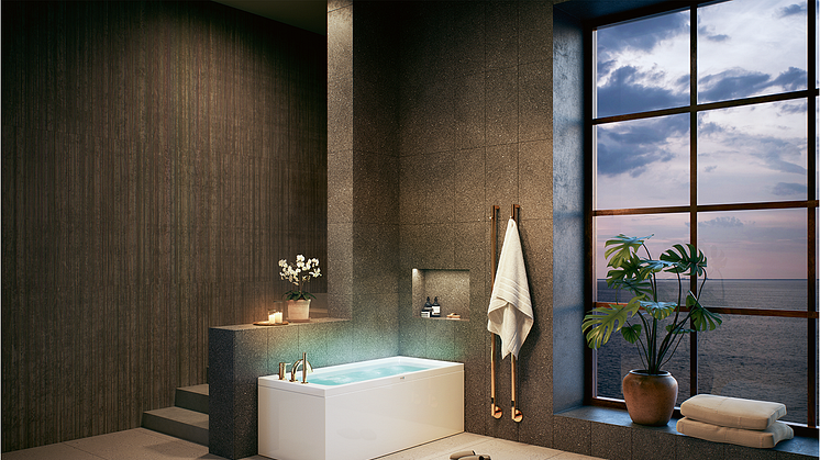 Koberg handdukstork och Marholmen badkar från Nordhem kan bidra till rätt atmosfär i badrummet