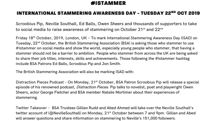 #ISTAMMER - INTERNATIONAL STAMMERING AWARENESS DAY - TUESDAY 22ND OCT 2019