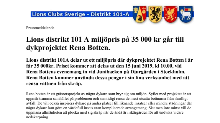 Lions distrikt 101 A miljöpris på 35 000 kr går till dykprojektet Rena Botten