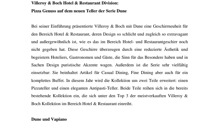 Villeroy & Boch Hotel & Restaurant Division: Pizza Genuss auf dem neuen Teller der Serie Dune