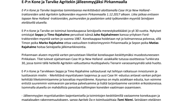 E-P:n Kone ja Tarvike Agritekin jälleenmyyjäksi Pirkanmaalla