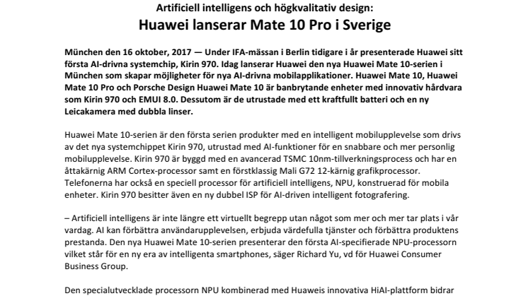 Artificiell intelligens och högkvalitativ design: Huawei lanserar Mate 10 Pro i Sverige