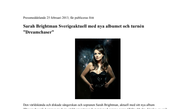 Sarah Brightman Sverigeaktuell med nya albumet och turnén ”Dreamchaser”