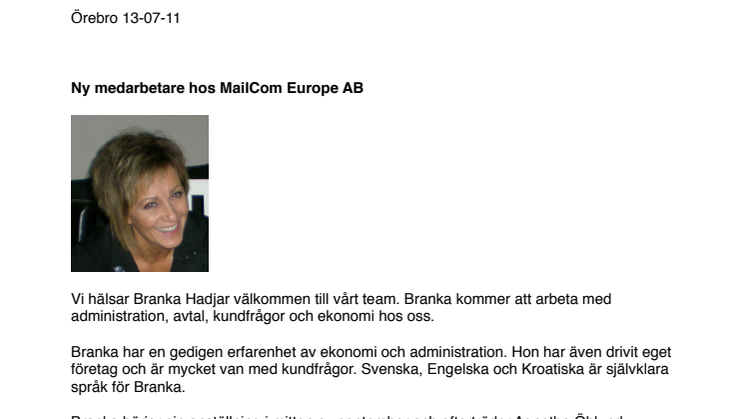 Ny medarbetare hos MailCom Europe AB