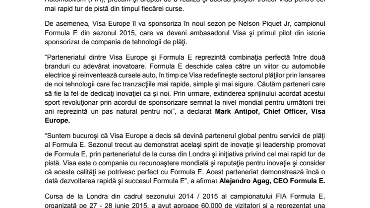 Visa Europe devine partener oficial al campionatului mondial de monoposturi electrice - FIA Formula E – pentru următoarele trei sezoane 