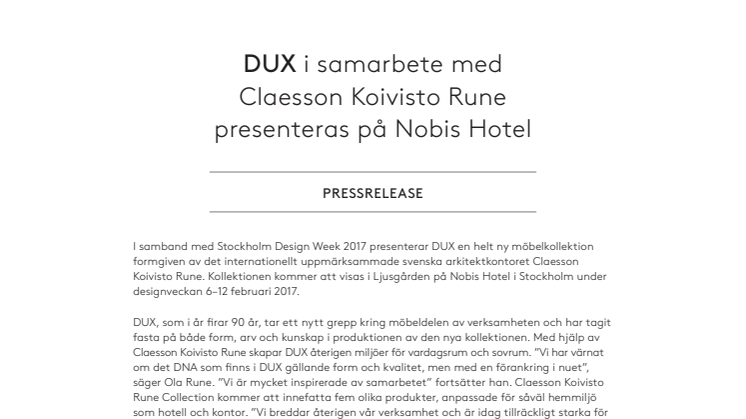 DUX i samarbete med Claesson Koivisto Rune presenteras på Nobis Hotel