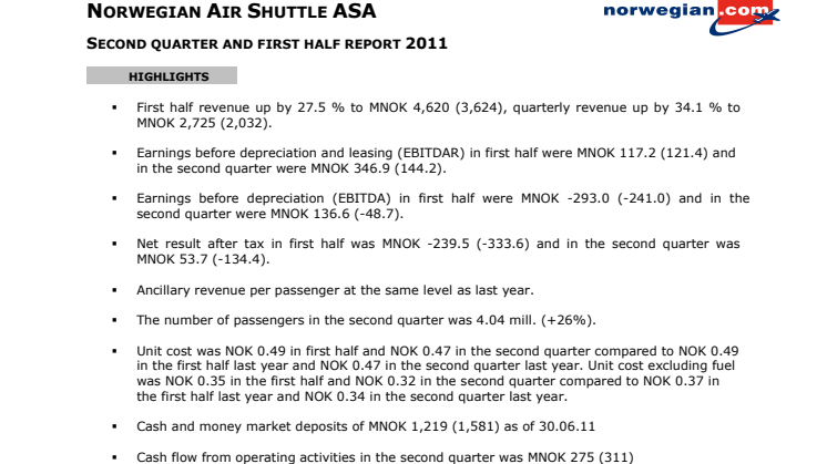 Norwegian second quarter - strong earnings improvement and over 4 million passengers