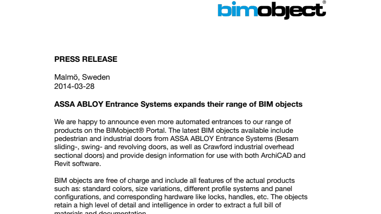ASSA ABLOY Entrance Systems expands their range of BIM objects