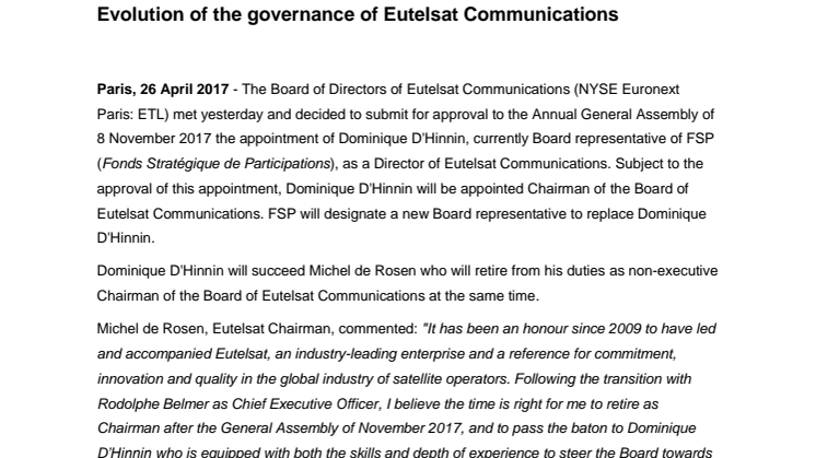 Evolution of the governance of Eutelsat Communications