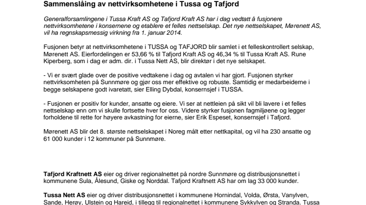 Sammenslåing av nettvirksomhetene i TUSSA og TAFJORD