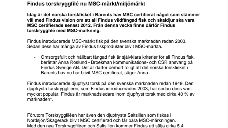Findus torskryggfilé nu MSC-märkt/miljömärkt