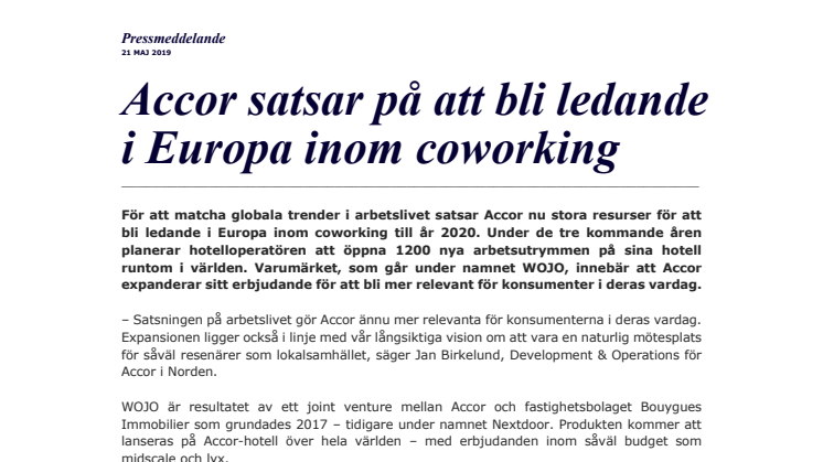 Accor satsar på att bli ledande i Europa inom coworking