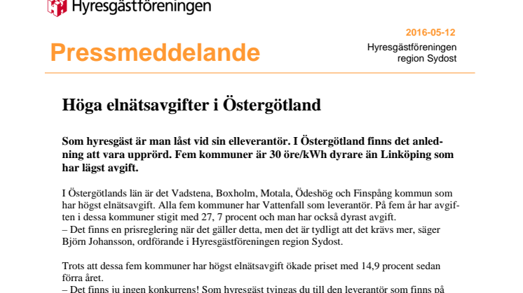 Höga elnätsavgifter i Östergötland 
