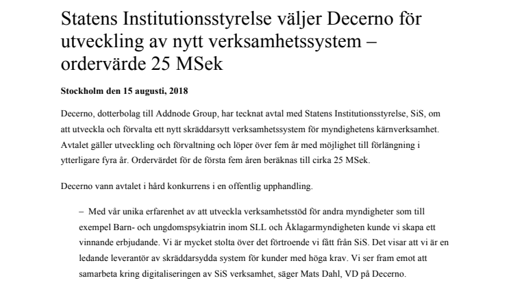 Statens Institutionsstyrelse väljer Decerno för utveckling av nytt verksamhetssystem – ordervärde 25 MSek