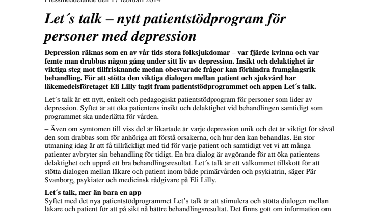 Let´s talk – nytt patientstödprogram för personer med depression