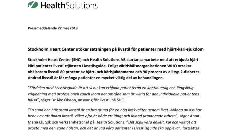 Stockholm Heart Center utökar satsningen på livsstil för patienter med hjärt-kärl-sjukdom