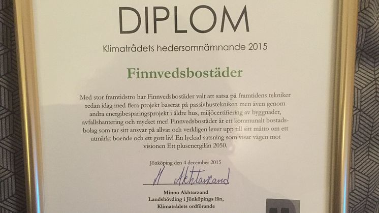 Finnvedsbostäder får klimatrådets hedersomnämnande. 