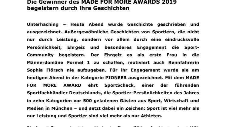 SportScheck ehrt Sportler-Persönlichkeiten des Jahres: Die Gewinner des MADE FOR MORE AWARDS 2019 begeistern durch ihre Geschichten