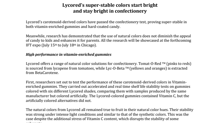 PRESS RELEASE: Lycored’s super-stable colors start bright and stay bright in confectionery