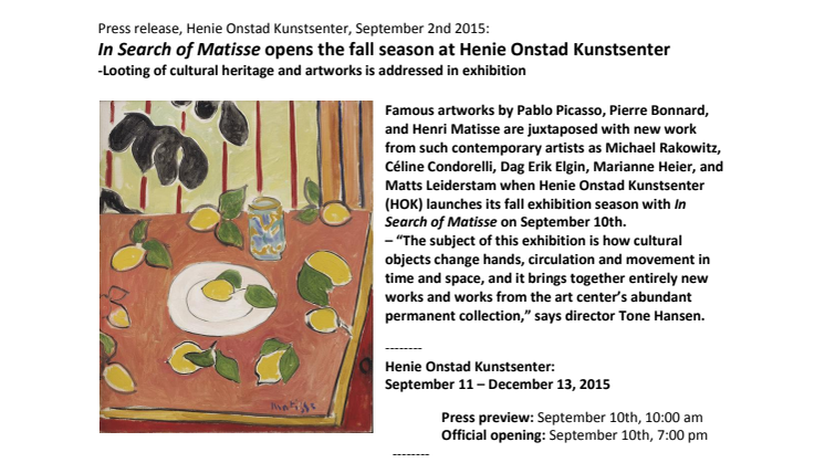 In Search of Matisse opens the fall season at Henie Onstad Kunstsenter