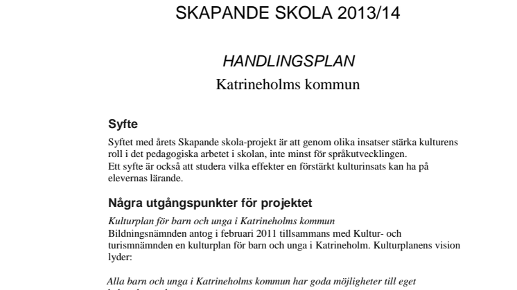 Handlinsplan för Skapande skola i Katrineholm