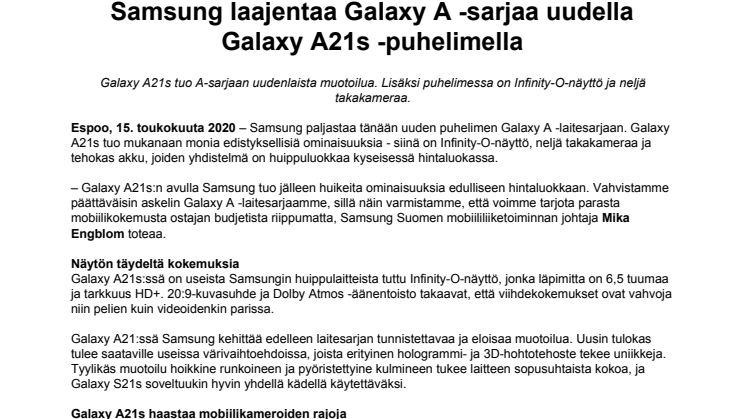 Samsung laajentaa Galaxy A -sarjaa uudella Galaxy A21s -puhelimella